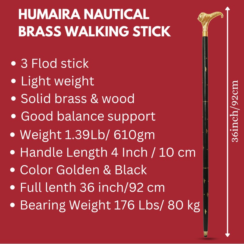 Humaira Nautical Solid Brass Lion Head Handle Wooden Walking Stick