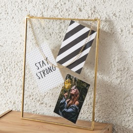 Giadun Brass Hanging Picture Frame,10.8x14 Double Glass Frame for Pressed Flowers, Clear DIY Vintage Artwork Display Frame with Chain, Floating Frame Style Gallery Wall Mounted Photos Frame