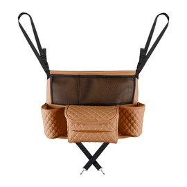 DXNQ Car Purse Holder Between Seats, Luxury Leather Front Seat Back Handbag Organizer with Tissue Box Cup Holders, Auto Large Capacity Multi Pocket Purse Holder Hanging Storage Bag (Brown)