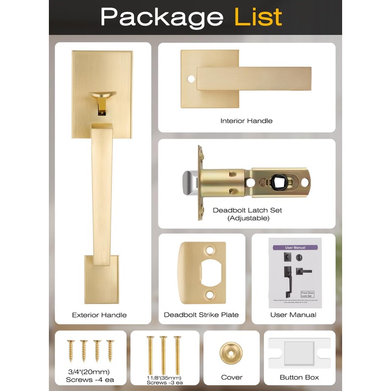 EHOMEWARE Front Door Handle Set, Brushed Gold, Satin Brass, Zinc,