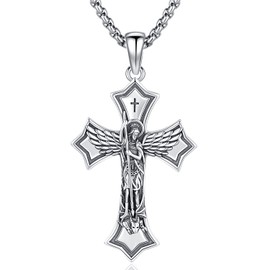 Odinstone Saint Michael The Archangel Cross Necklace Pendant St Michael Medal Sterling Silver Catholic Religious Jewelry Gifts for Men Women