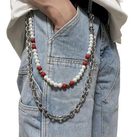 Pants Chain Bead Pearl Keychain Double Layer Metal Chains Durable Punk Style Hip Hop Waist Chain Accessory for Daily Wear/Parties, Fashionable & Easy-to-Use Decoration for Men Women Red