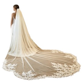 ROSEEDEN Roseeden1T one Tier long Lace Veil wedding bridal woman long veil soft tulle veil with metal comb (Lace 03 (Ivory), Length 118"，Width 118")