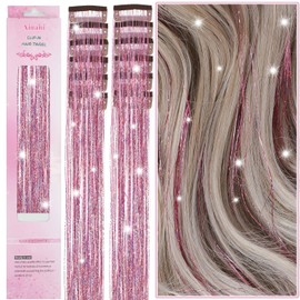 Ainani 12Pcs Hair Tinsel Clip in 20Inch Clip in Hair Tinsel Pink Glitter Tinsel Hair Extensions Heat Resistant Fairy Hair Sparkly Hair Accessories for Girls Women Kids (Pink 12PCS)