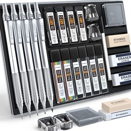 STAGEEK 21 Pcs Metal Mechanical Pencil Set Art Leads 0.3 0.5 0.7 0.9 2mm Lead Holder (HB 2H, 2B, 4B, Colour) with 10 Tubes Graphite Leads Eraser with Case for Drawing, Drawing, Drawing