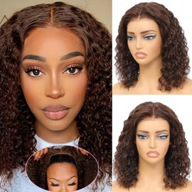 Fronbanis 5x5 HD Lace #4 Deep Wave Closure Wigs Human Hair Glueless Wear and Go Brown Curly Bob Wigs Human Hair Pre Plucked 180 Density Wigs for Black Women Chocolate Brown Wig 180 Density 10 Inch