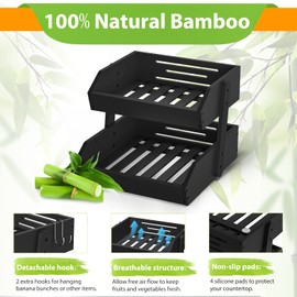 Gmtsl Bamboo Fruit Basket for Kitchen– 2 Tier Fruit Bowl For Kitchen Counter, Large Fruit Holder With 2 Banana Hangers, Idea For Fruit and Vegetable Storage, Bread Basket, Snack Organizer(BLACK)