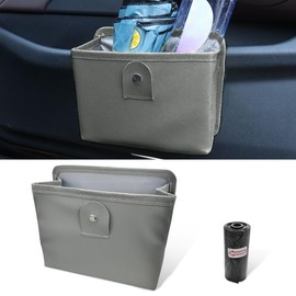BDZMC Car Trash Can, Leather Foldable Hanging Storage Bag Container, Multi-Function Mini Auto Dustbin Garbage Organizer Holder with One Roll Trash Bag, Interior Car Accessories for SUV, Truck, RV