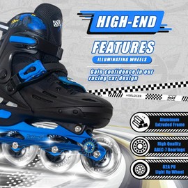 Nattork Kids Inline Skates Adjustable Light up Wheels Blades Roller for Boys Girls- TeenYouth Age 8-12 - Cool Racing Car Decorations Indoor Outdoor Blue