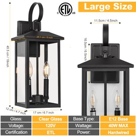 18" Large Black Outdoor Wall Light Fixture, 2-Light Waterproof ETL Listed Outdoor Wall Lamp with Clear Glass, E12 Socket, Aluminum Outside Garage Light Lantern for House, Porch, Patio, Garage