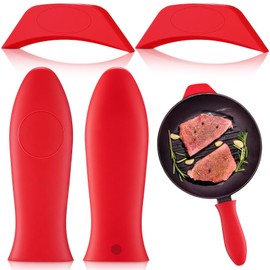 Domensi 4 Pcs Silicone Hot Handle Holder Set Cast Iron Skillet Handle Covers Heat Resistant Silicone Assist Handle Holder for Frying Pans Cast Iron Skillet Griddles Cookware(Red)