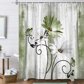 Rustic Farmhouse Shower Curtain, Farm Sage Green Daisy Floral Flowers and Butterfly on Country Wooden Forest Green Shower Curtain for Bathroom, Olive Green Shower Curtain with 12PCS Hooks, 70X70IN
