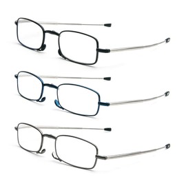 3 Pack Folding Reading Glasses with Keychain Compact Bags Women Men Blue Light Blocking Spring Hinge Portable Pocket Readers,Black Grey and Blue 3.0