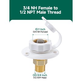 STMOUTUO RV City Water Inlet with Check Valve - 3/4" NH Female to 1/2" NPT Male Brass Flange | Optional Hose Elbow | Lead-Free, Dust Plug Included | Camper/Trailer/Marine Water Hookup.