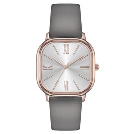 Bisley Women Rose Gold Watch Square Watch Grey Leather Strap Watch Easy to Read Watch