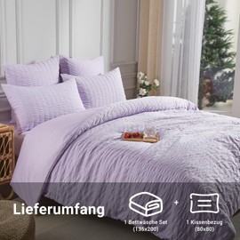Luowei Seersucker Bed Linen 135 x 200 cm Summer Stripes Textured Microfibre Duvet Cover 2-Piece with Pillowcase 80 x 80 cm Lightweight Soft Breathable Oeko-Tex Bedding Sets Purple with Zip