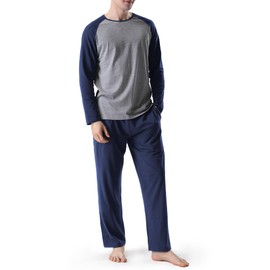 DAVID ARCHY Men's Cotton Sleepwear Long Raglan Sleeve Top and Bottom Pajama Set (S,Navy Blue)
