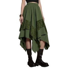 Yimoon Womens Renaissance Skirt Lace Tiered Asymmetrical Flowy Fairy Long Skirt High Waist Gothic Midi Skirts(ArmyGreen-XL)