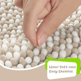 Beige Bath Mat, 20x32 Thick Soft Absorbent Chenille Striped Bathroom Mat Rugs, Bath Mats for Bathroom Shower Floor Bathtub Sink, Non Slip Dry Quickly Machine Washable