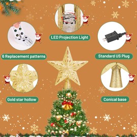 Mrrihand Christmas Tree Topper Lighted with 6 Projection Modes, Christmas Star Tree Topper Built-in LED Rotating Lights, Gold 3D Glitter Dynamic Projection for Christmas Tree Decorations