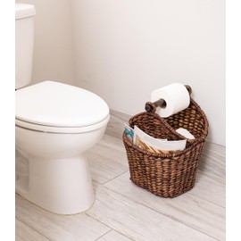 BirdRock Home Seagrass Magazine and Bathroom Basket - Hand Woven Toilet Paper Holder with Pocket - Grey Wash - Stylish Decorative Design - Wooden Basket Décor - Dispenser