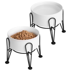 Kitwinney Elevated Dog Bowls, Ceramic Raised Dog Bowl Set with Anti-Slip and Non-Tip Metal Stand, 2 Pack Pet Food and Water Feeding Bowls for Small and Medium Dogs (White)