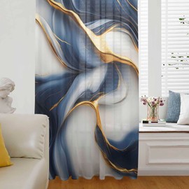 ZOE GARDEN Navy Blue Gold Window Curtains 96 Inches Long,Semi Sheer Rod Pocket Chiffon Drapes Drapery Voile Draperies Treatment for Living Room/Bedroom,Marble Modern Art Abstract Gradient Gray