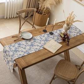 Pastoral Table Runner - 14 x 60 Inch Rectangle - Linen Fabric - Washable Tabletop with Dust-Proof Wrinkle Resistant for Restaurant, Picnic, Indoor and Outdoor Dining, Floral (Dark Blue)