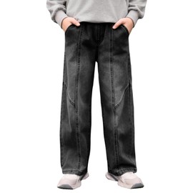 Haloumoning Boys Wide Leg Jeans Kids Casual Straight Baggy Denim Pants with Pockets 5-14 Years Black