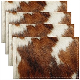 jejeloiu Cowhide Printed Placemats 12"x18", Cow Fur Table Place Mats Set of 4, Western Rustic Wildlife Animal Skin White Brown Indoor Outdoor Kitchen Dinner Party Decor Table Mats