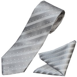 MICHIKO LONDON Formal Necktie & Pocket Square Set, Michi Colondon Brand Silk Necktie, Made in Japan, Wedding (Silver s5, Red Stripe x Dot), Silver