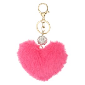 PATIKIL Faux Fur Pom Pom Keychain, Artificial Cute Puff Ball Keychain Heart Fluffy Charm Plush Pendant Chains for Purse Backpack Car Key Bag Tote Handbag, Rose Red