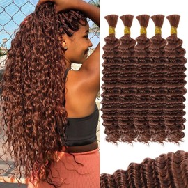 Brown Human Braiding Hair Deep Water Wave Bulk 160g 18 Inch Color 30 Curly for Boho Braids Extensions No Weft 5 Braids Per Pack Wet and Wavy