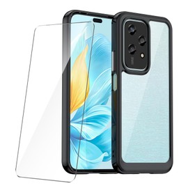 LYZXMY Protective Film for Honor 200 Lite (6.7") Case Black + Tempered Film Screen Protector - Translucent Hard Back and Soft TPU Bumper Shockproof Protective Case Cover