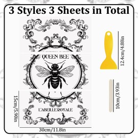 WANDIC 3 Pcs Queen Bee Animal Rub On Transfer Sticker,Vintage Insects Sticker Black and White Bee Decal for Dresser Cabinet Home Furniture Decor Laptop,15 * 30cm