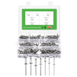 sourcing map 260Pcs 7 Sizes 304 Stainless Steel Open-End Dome-Head Blind Rivets Assortment Kit, Open-End Type Blind Rivets for DIY, Sheet Metal, Automotive Repairs, Furniture (Silver)