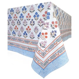 ATOSII Flora Bloom 100% Cotton Rectangle Boho Fall Tablecloth, Handblock Floral Table Cloth Linen for Kitchen Dining I Parties Wedding Outdoors Christmas Thanksgiving I 72 X 108 Inches I 8 Seater