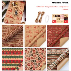 Wrapping Paper Set 50 x 70 cm/19.7 x 27.5 inches, 6 Sheets of Wrapping Paper Kraft Paper, 1 Double-Sided Ribbon, 10 m and 2 Kraft Paper Rope, Colourful Gift Paper Natural Birthday Paper with Stickers