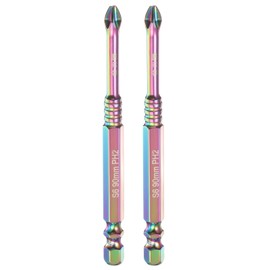 HARFINGTON 2pcs Impact Phillips Screwdriver Bit PH2 (#2) Anti Slip Teeth Tip 1/4" Hex Shank 3.5" (90mm) Long Magnetic Cross Screw Driver Colored Titanium Coated S6 Steel Industrial Drill Bits