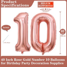Rose Gold 10 Number Balloons, 40 Inch Giant Number 10 Balloons Foil Mylar Helium Rose Gold Number Balloons for 10th Birthday Party Supplies Anniversary Event Celebration Decorations
