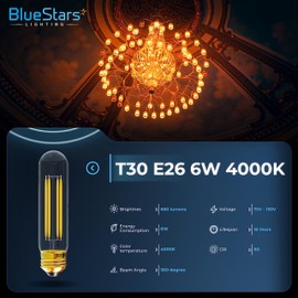 BlueStars 6-Pack 5.0in T10 T30 Tubular LED Light Bulbs E26 Medium Base 6W 4000K Natural Daylight, 60W Equivalent, DIMMABLE, 660 lumens for Pendants, Wall Sconces and Chandeliers