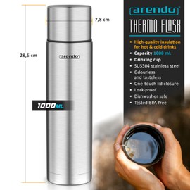 Arendo Thermos Stainless 1L, Thermos Coffee Flask SUS 304 Stainless Steel, Insulated Bottle for Hot and Cold Drinks, 100% Leak-Proof, BPA-Free, One Click Closure, Keeps Drinks Warm 12h, Cold 24h