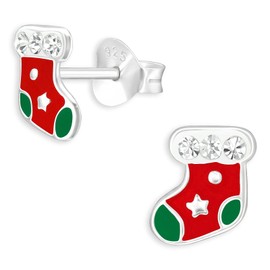 Monkimau Children's Winter Socks Stud Earrings 925 Sterling Silver with Crystals and Colourful Enamelled, Sterling Silver