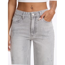 Wanduyini Women's Rhinestone Embellished Straight Leg Jeans Star Sparkling Denim Pants for Parties Night Out Casual Glam (Light Grey,M)