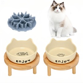 Elevated Cat Bowls,Wide Raised Ceramic Cat Dishes with Bamboo Stand, Whisker Friendly Pet Water or Food Plates Feeding Station for Indoor Cats, Kitten (Yellow(2PCS))
