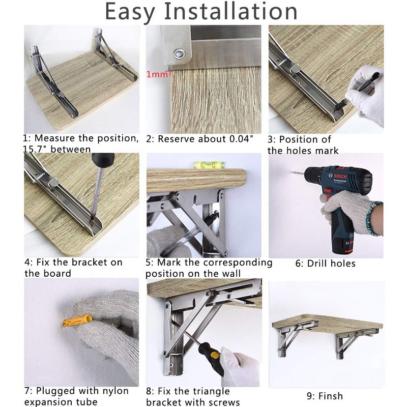 Folding Shelf Brackets, Max Load 300 lb, Heavy Duty Stainless