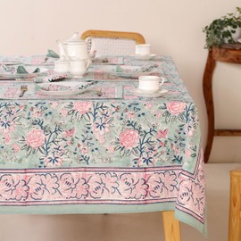 DecorAvenue Hand Block Printed Table Cover - Exquisite Design, Premium Cotton Fabric, Perfect for Dining and Decor, Dining Table Linen (Mint Green, 8 Seater 72 x 108 Inches Rectangle)