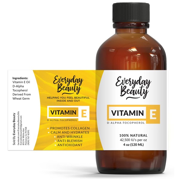 Pure Vitamin E Oil for Scars - D-Alpha Tocopherol 100% Pure & All Natural 4oz 42,500 IU per oz - Thick, Amber Color, Nutty Aroma - From Wheat Germ -Face Body Hair -DIY Cosmetics & After Surgery Scars