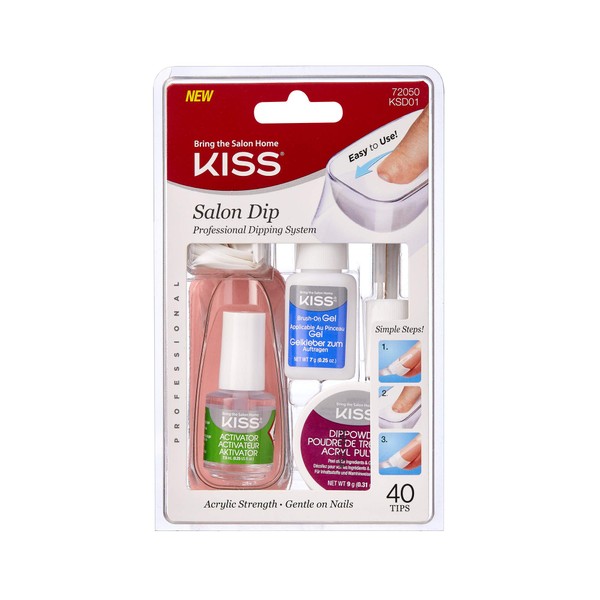 KISS Salon Dip Powder Nail Kit Professional Dipping System with Brush-On Gel, Dip Powder, Activator, 2 Brushes, Dipping Trough, Cuticle Stick, Sponge, Nail File, & 40 Nail Tips