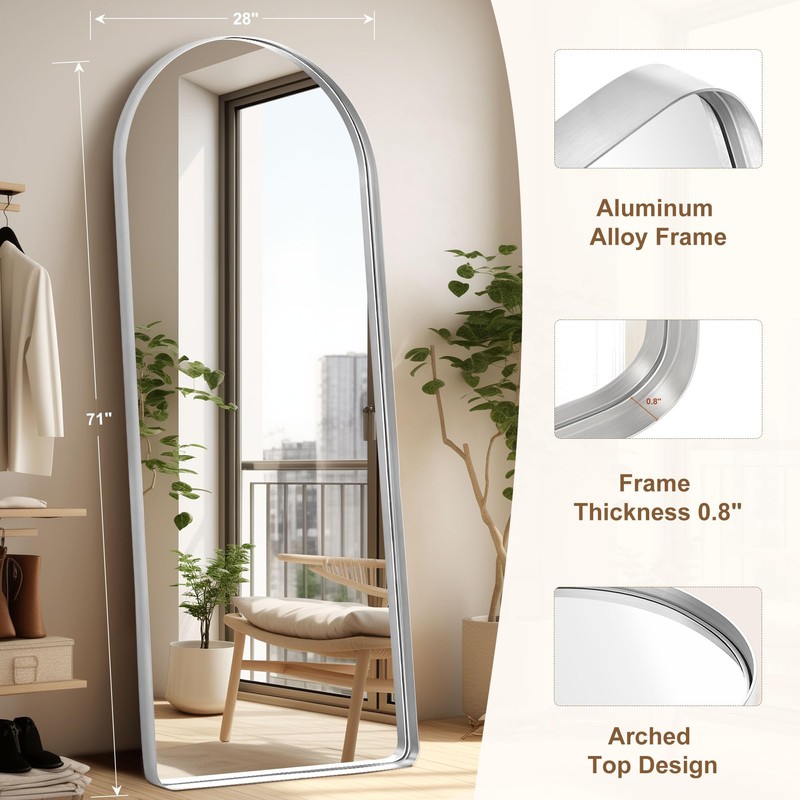 GlasFlength 71"x28" Deep Frame Full Length Mirror, Arched Floor Mirror-Proof
